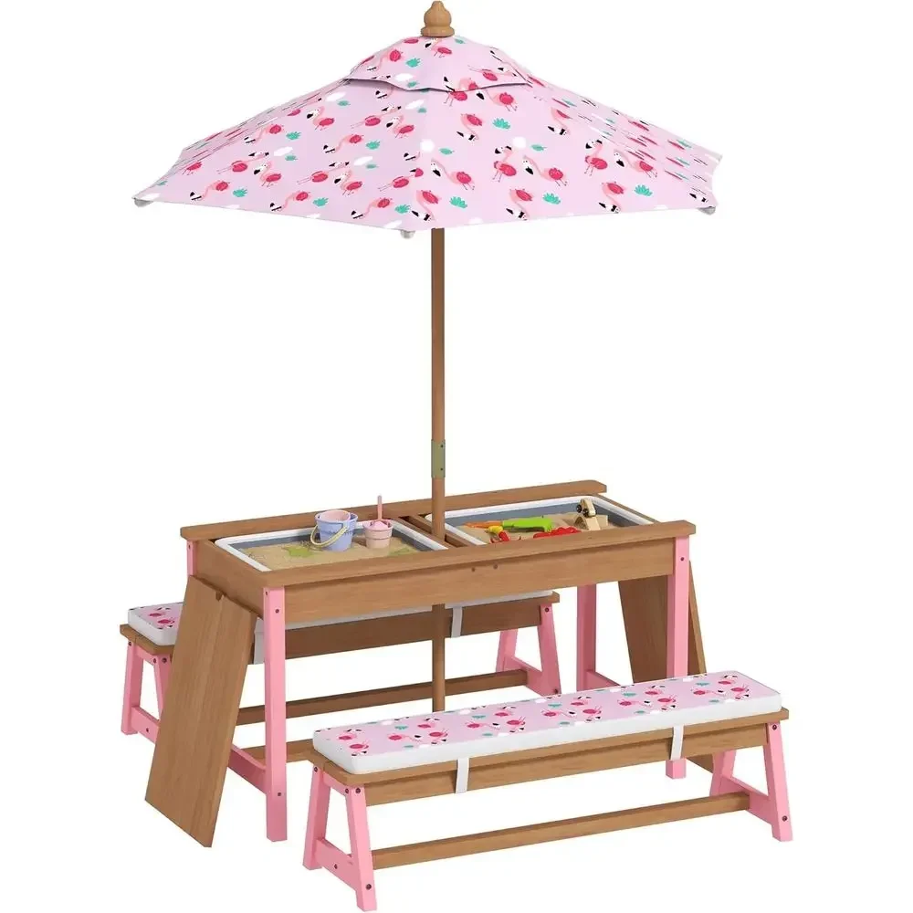 Kids Outdoor Umbrella For Table - Ahşap Piknik Masası Seti, Şemsiye, Minderler