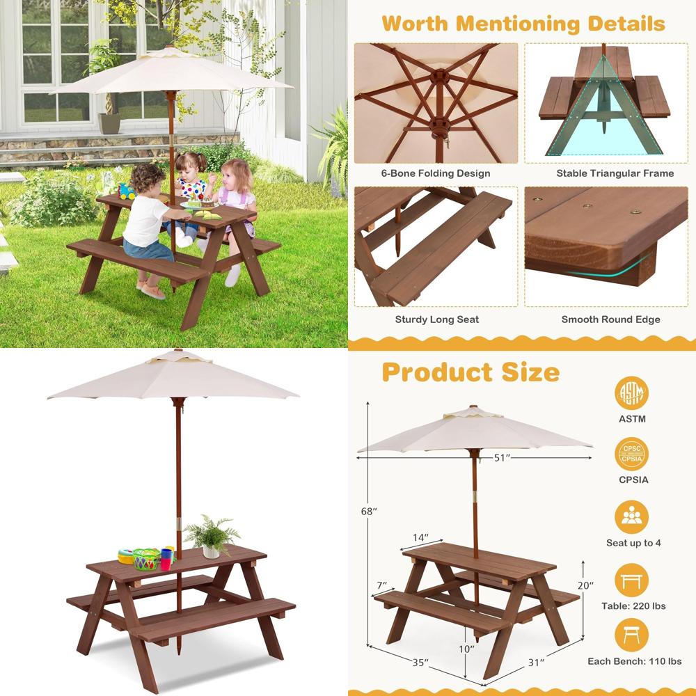 Kids Outdoor Umbrella For Table - Dayanıklı Ahşap Çocuk Piknik Masası Seti,